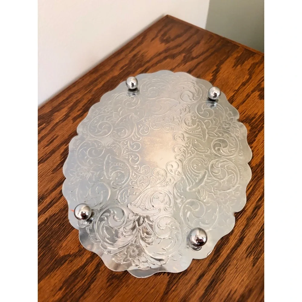 Vintage Silver Plated Footed Trivet Floral Embossed Scalloped Oval Vanity Tray